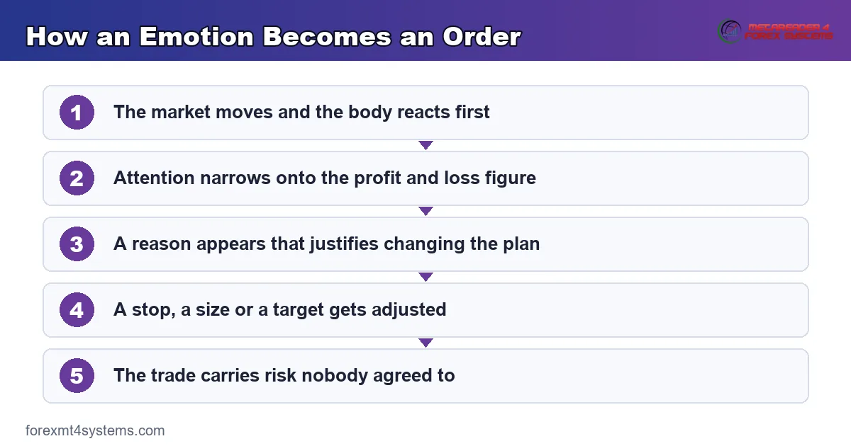flow diagram of how an emotion becomes an order, from a market trigger to a changed position