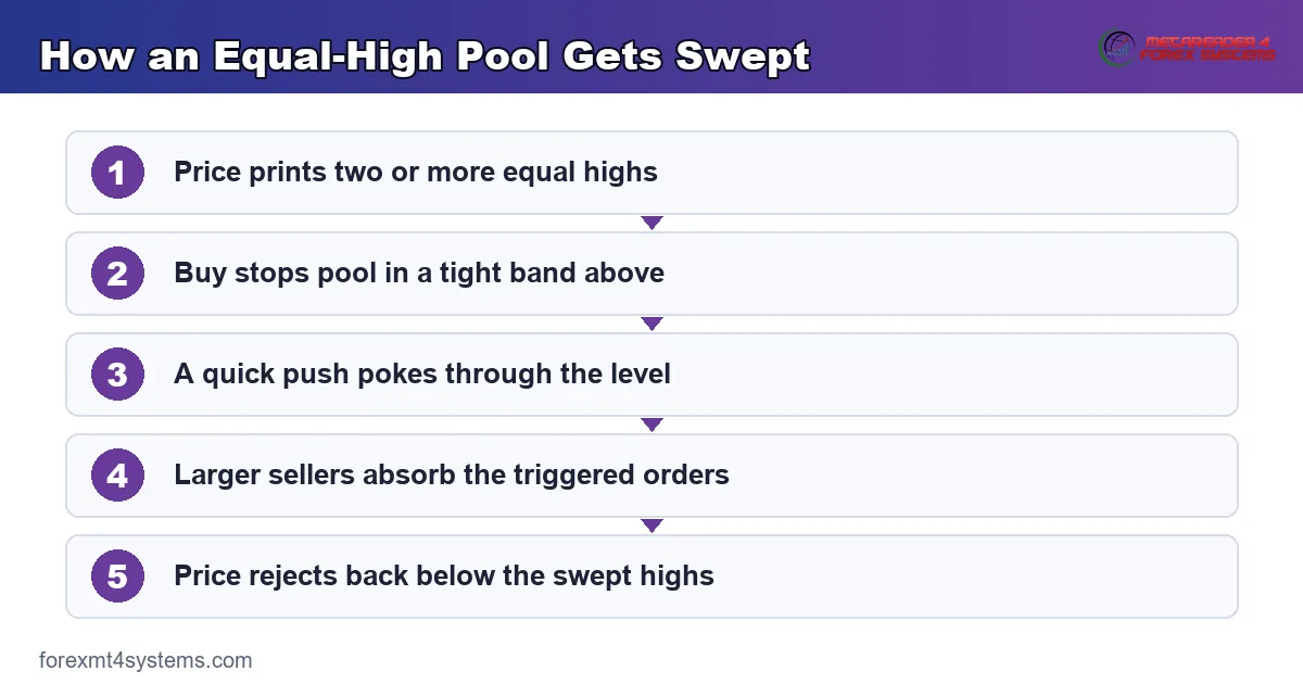 how a liquidity pool above equal highs forms and gets swept in five steps