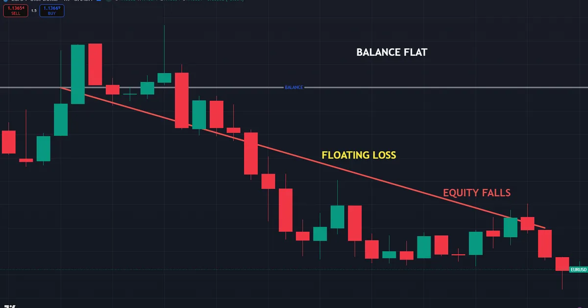 EURUSD H1 with equity sliding below a flat balance as an open trade's floating loss deepens