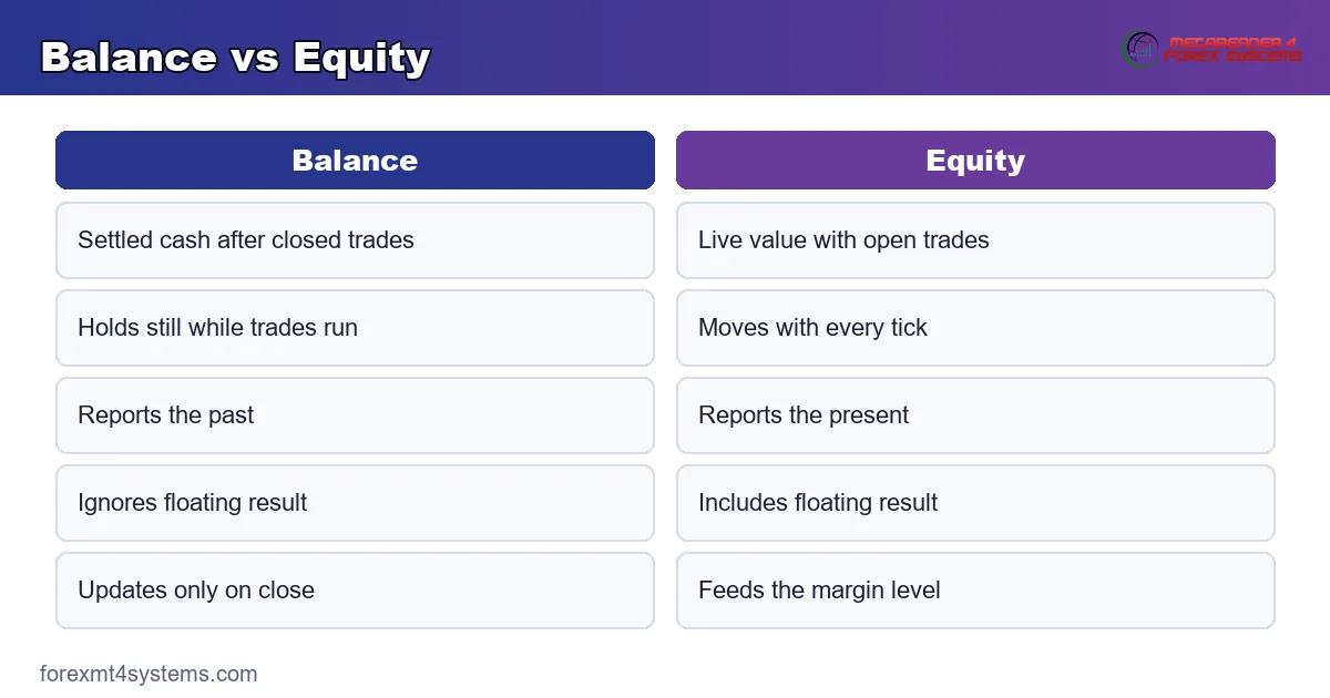 balance versus equity - settled cash that holds still against a live figure that moves each tick