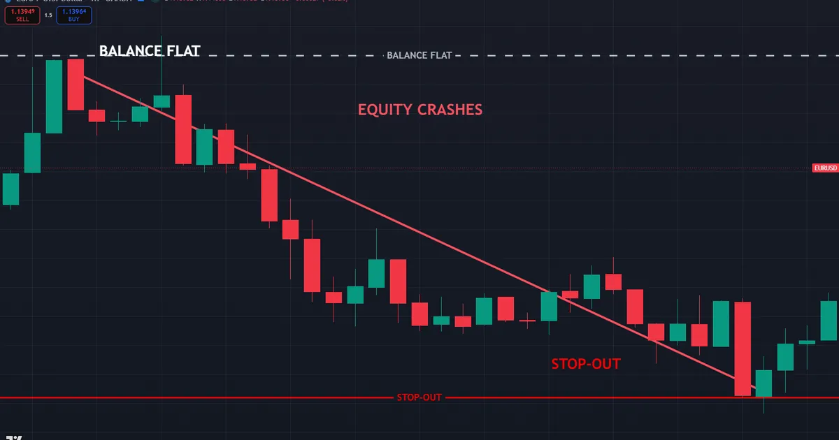 balance flat while equity crashes toward the stop-out line on several large losing trades