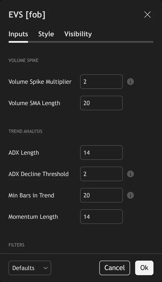 volume exhaustion indicator TradingView - Exhaustion Volume Spike inputs panel on TradingView