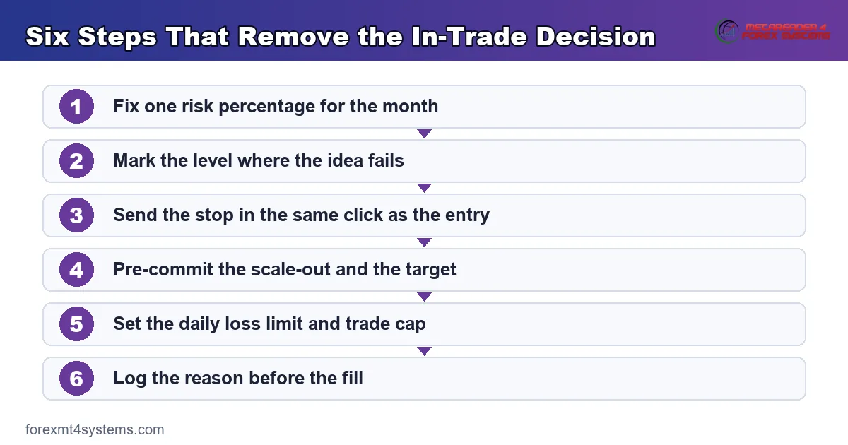flow diagram of six steps that remove the in-trade decision, from fixed risk to the logged reason