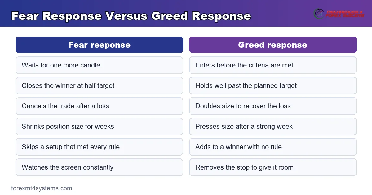 comparison panel setting each fear response beside its greed twin across six trade moments