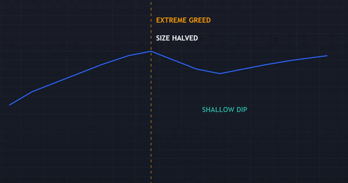 worked example - equity curve where halving risk at a sentiment extreme keeps the drawdown shallow