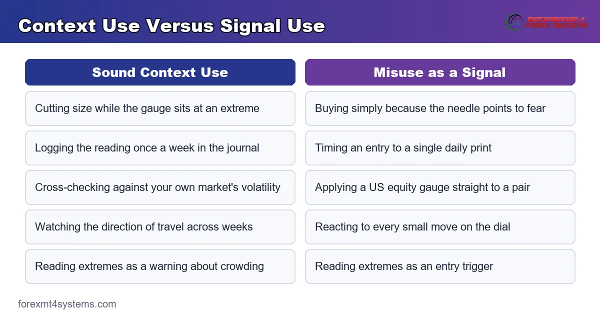 context use versus signal use, comparing sound ways to read the gauge with the ways that misfire