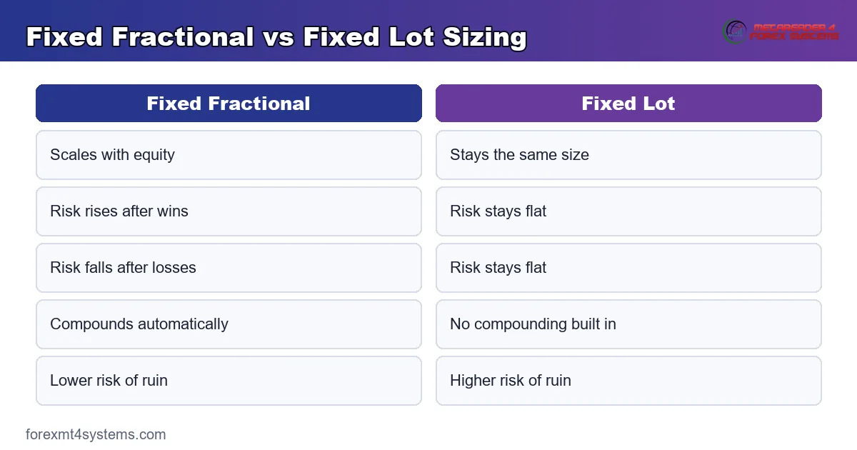 fixed fractional versus fixed lot, a table comparing how each method sets a trade size