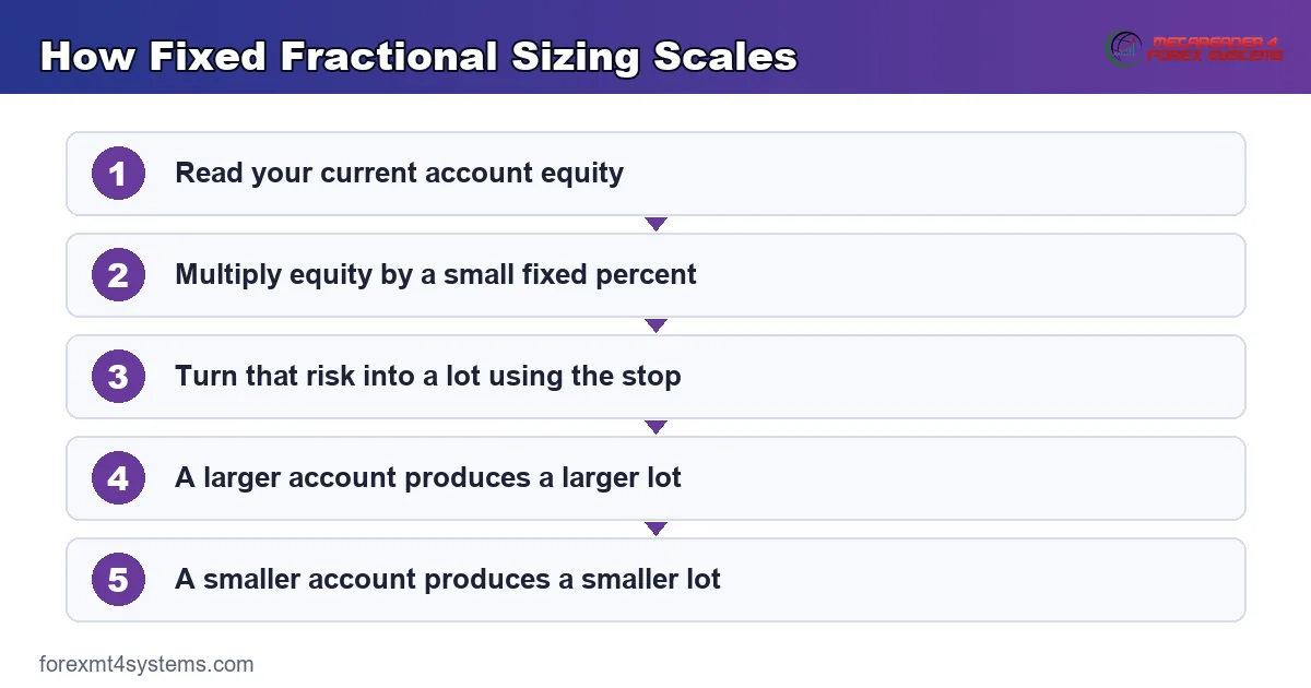 how fixed fractional sizing scales, a flow showing the lot rising and falling with account equity