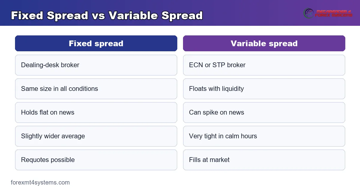 dealing-desk fixed spread versus ECN variable spread pricing models side by side