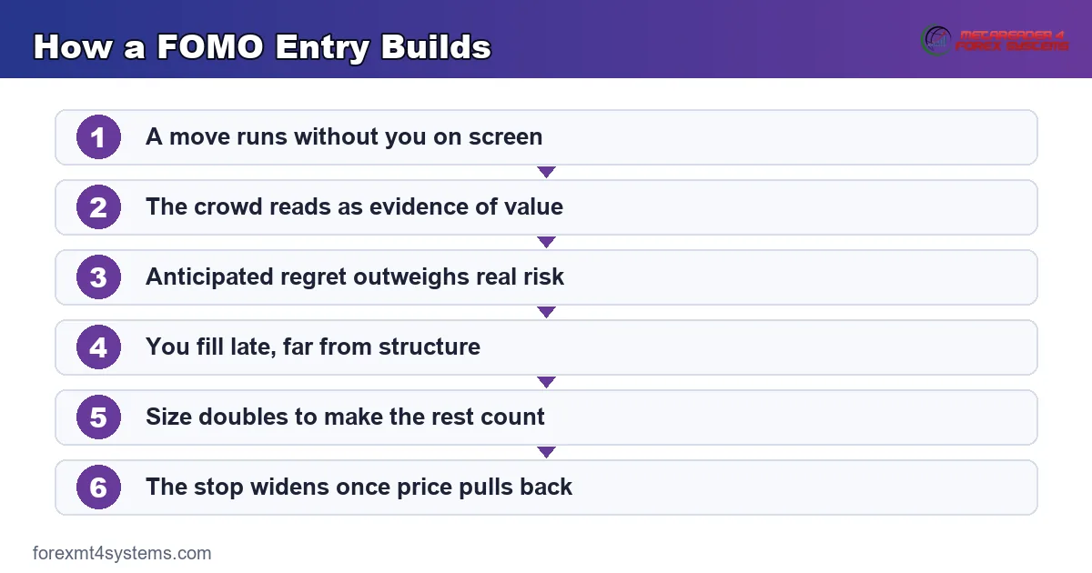 flow diagram of how a FOMO entry builds, from missed move through to the widened stop