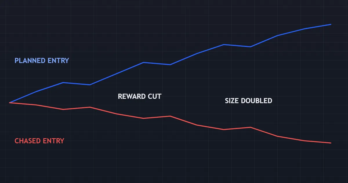 equity curve comparing a planned entry against a chased entry taken well into the move