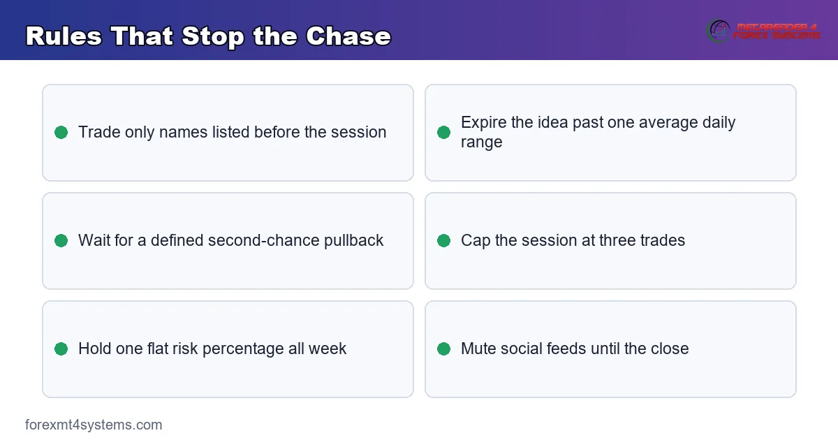 keypoints panel listing the rules that stop the chase, from watchlist to daily trade cap
