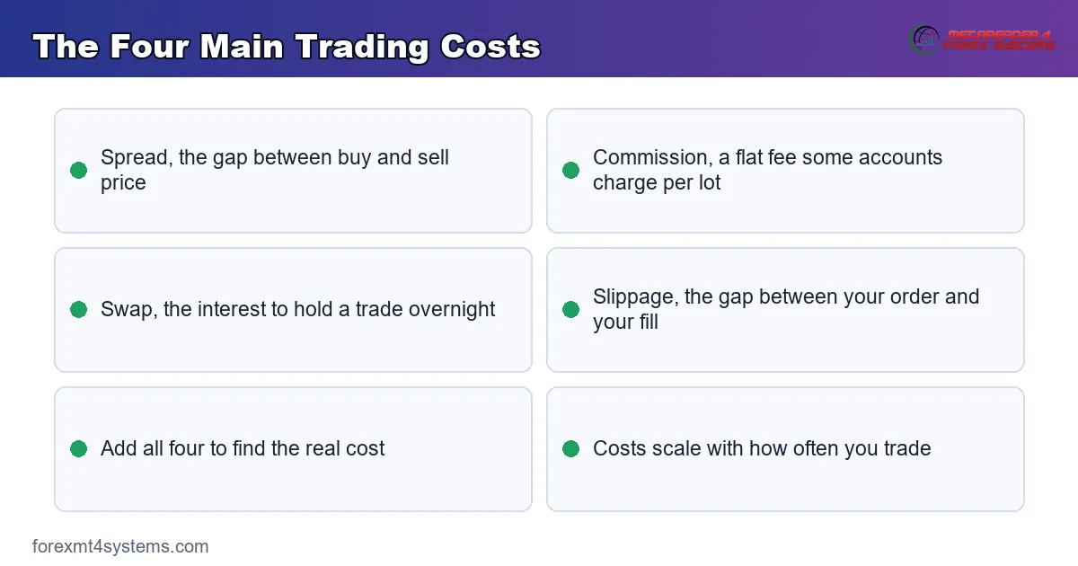 the four main forex trading costs spread commission swap and slippage as key points