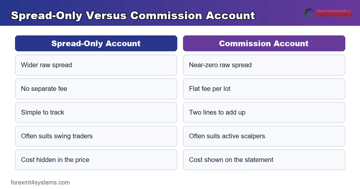 spread-only account versus commission account trading costs compared side by side