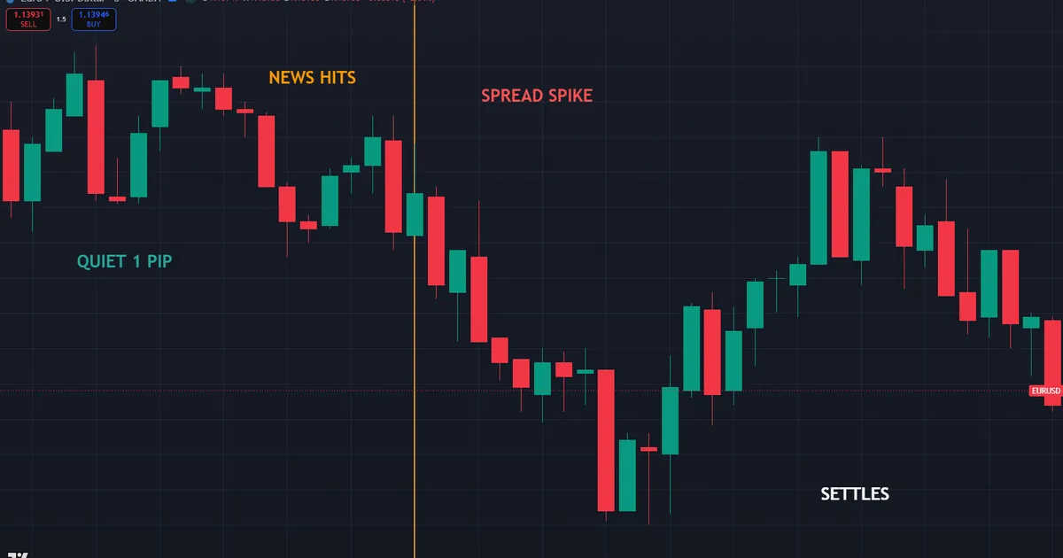 EURUSD spread spike during a news release then settling back to a tight one-pip gap