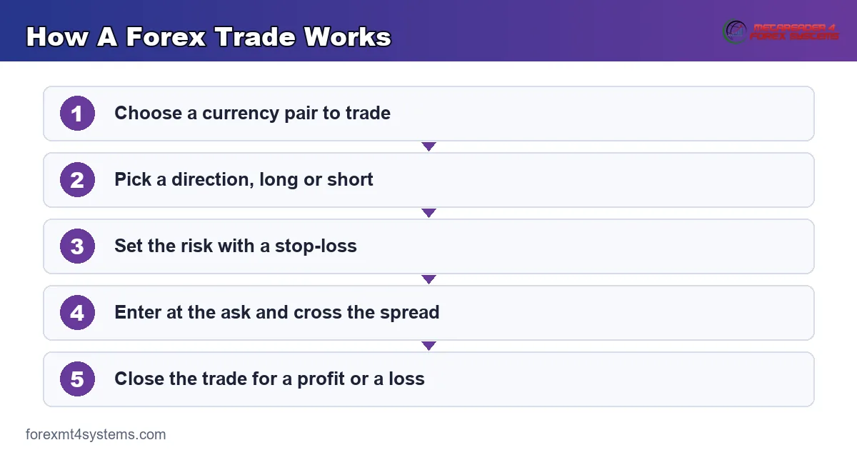 how a forex trade works - choose a pair, pick a direction, set risk, enter, and close