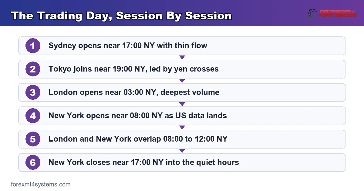 the trading day session by session - Sydney, Tokyo, London and New York opens in NY time
