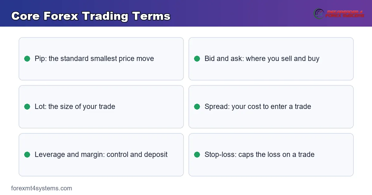 core forex trading terms - pip, bid and ask, lot, spread, leverage, margin, and stop-loss
