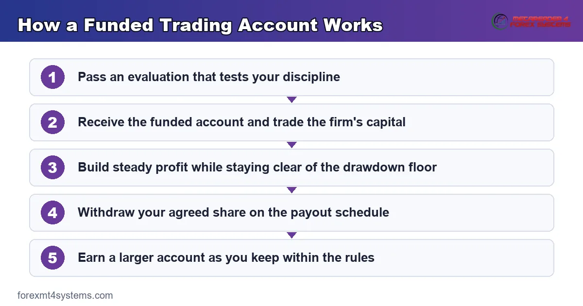 how a funded trading account works from evaluation through funding, payout, and scaling