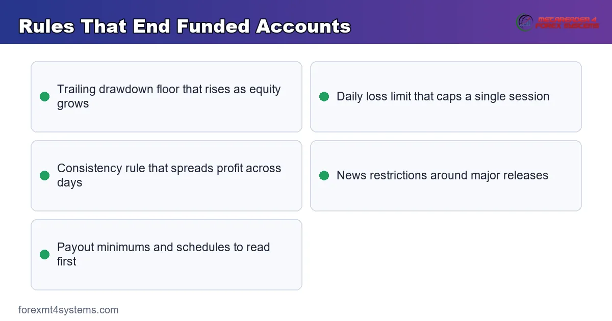 rules that end funded accounts covering trailing drawdown, daily loss limit, and consistency