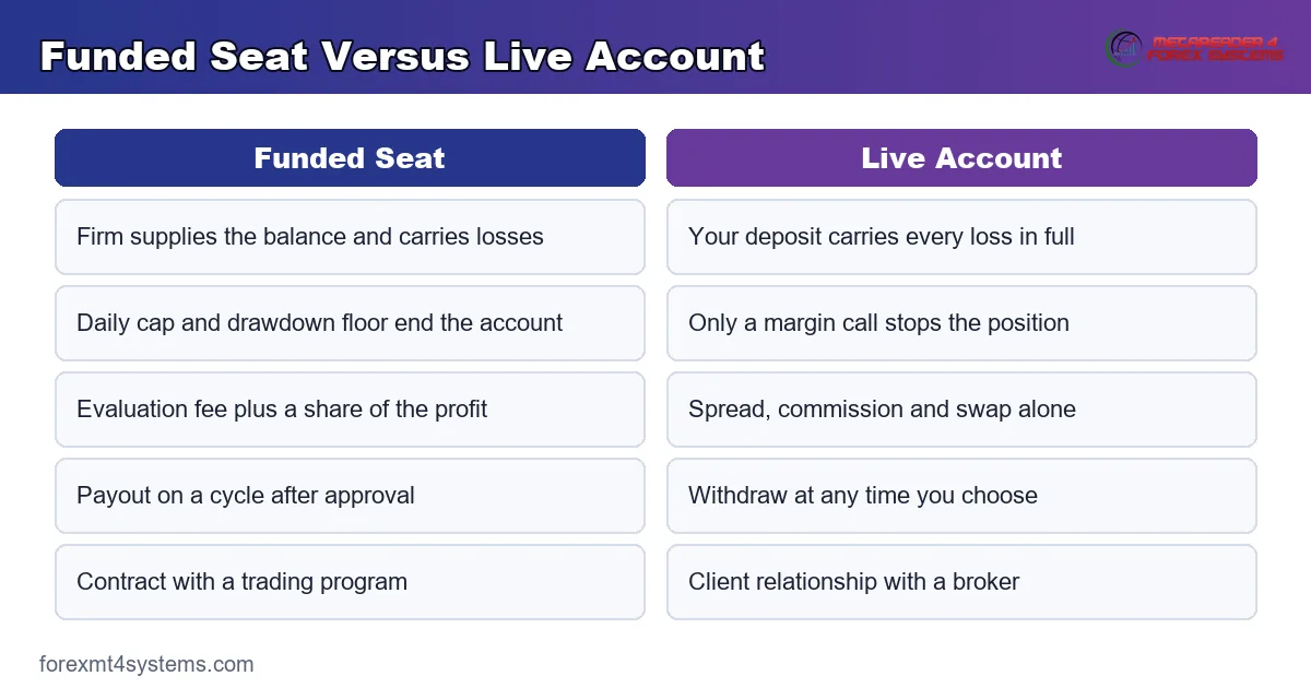 funded seat and live account compared on capital, rules, costs, payouts and control