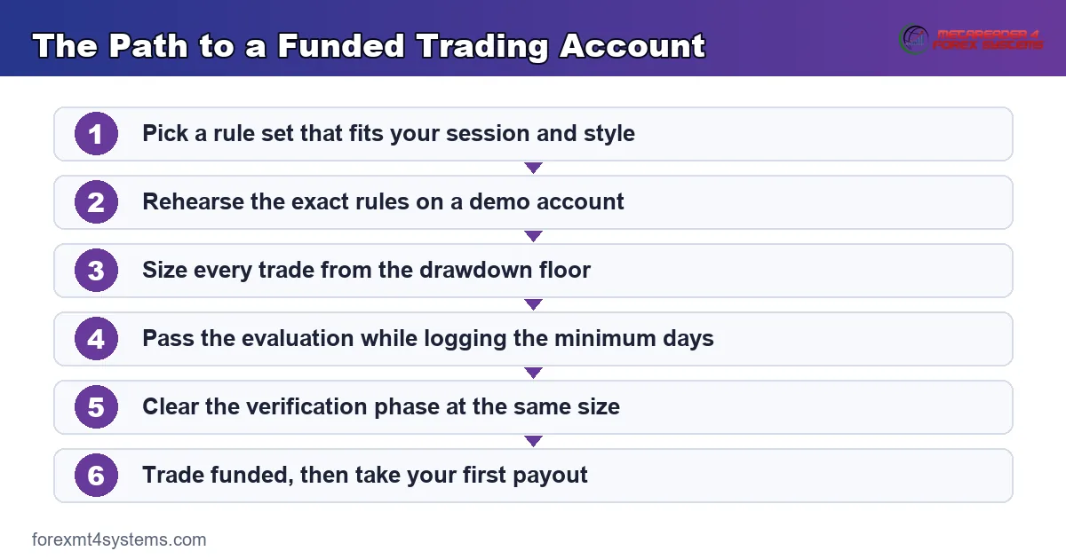 the path to a funded trading account, from picking a rule set through to a first payout