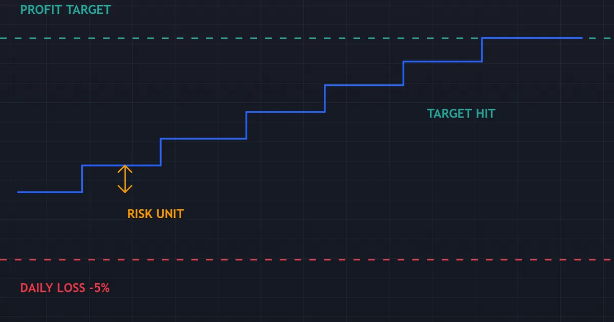 evaluation example - equity curve reaching the profit target in small steps above the daily line