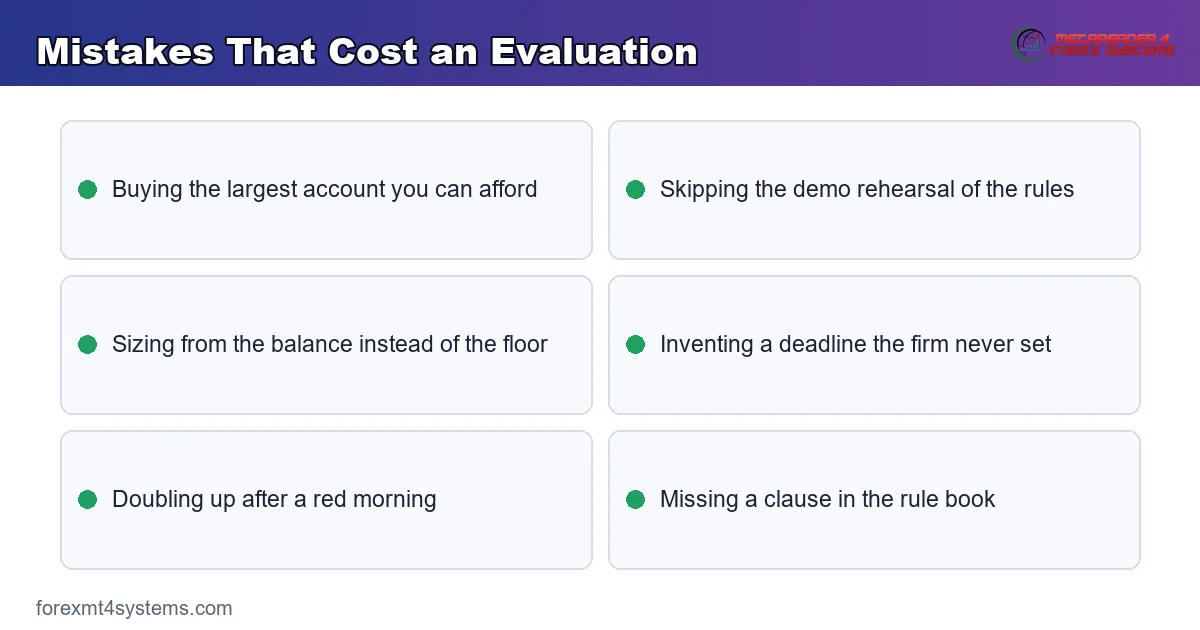 mistakes that cost an evaluation, gathered as a checklist of sizing and rule-reading errors