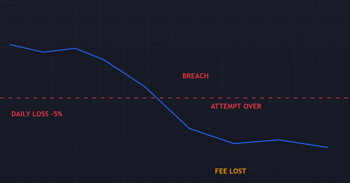 evaluation pitfall - equity curve cutting through the daily loss line early in the attempt