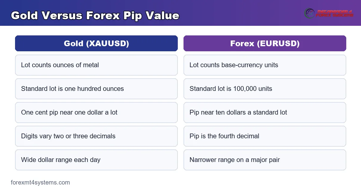 gold versus forex pip value - ounces of metal against base-currency units side by side