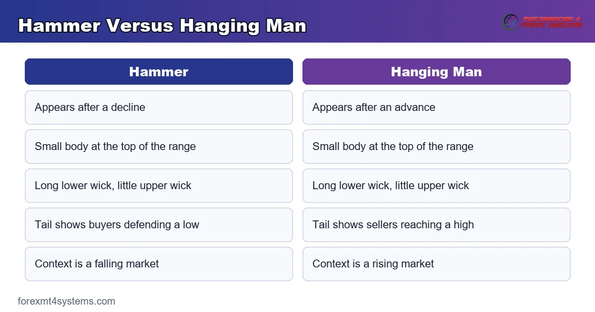 comparison graphic setting the hammer beside the hanging man and the location that separates them
