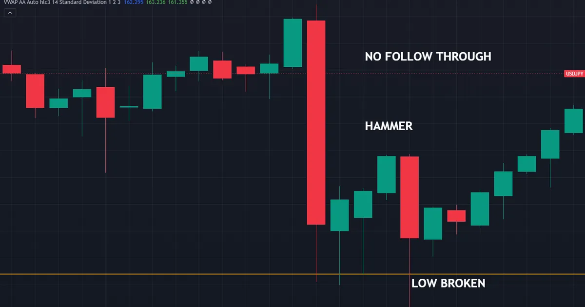 failed hammer on a daily chart where a later wide bar cuts straight through the marked wick low