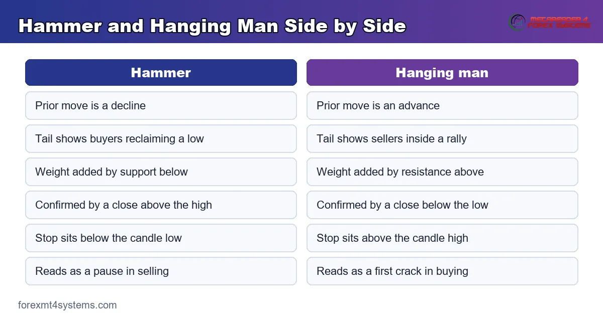 comparison panel placing hammer and hanging man side by side across trend, wick and confirmation