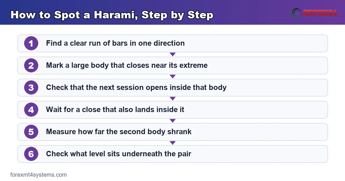 flow diagram of how to spot a harami step by step, from the prior run to the second close