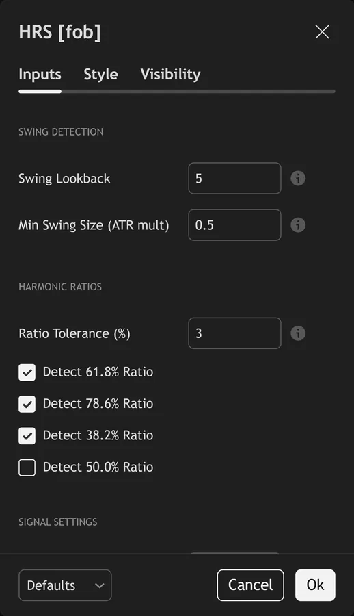 harmonic pattern indicator TradingView - Harmonic Ratio Scanner inputs panel on TradingView