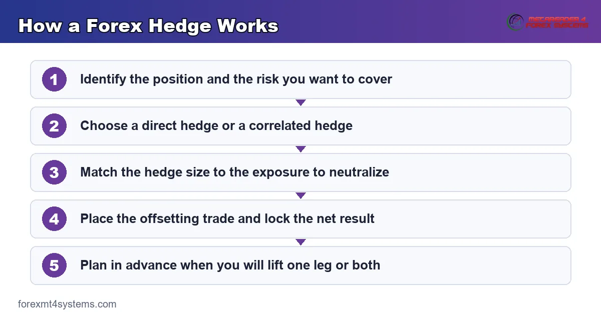 how a forex hedge works - open a position, add an offsetting trade, and lock the current result