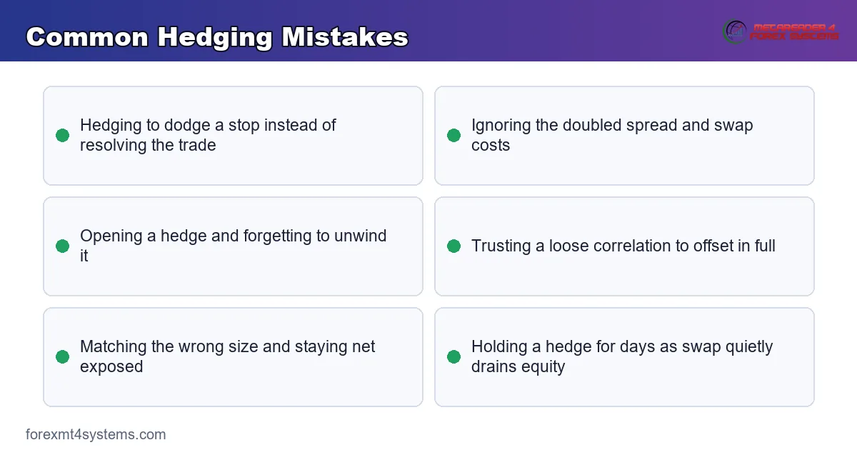 common hedging mistakes - hedging instead of a stop, ignoring double costs, and forgetting to unwind