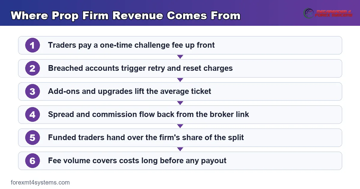 where prop firm revenue comes from - challenge fees, resets, add-ons, spread deals and the profit split