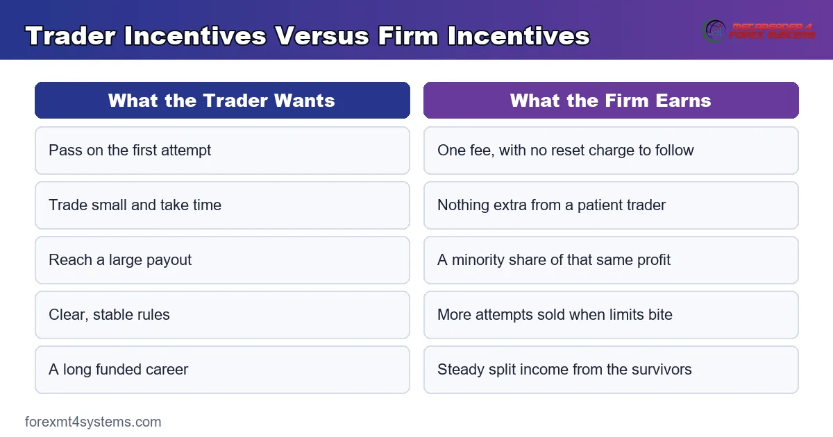 trader incentives versus firm incentives compared across fees, rules, payouts and the profit split