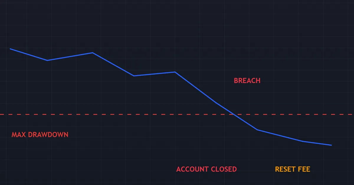 prop firm revenue pitfall - equity path breaching the drawdown floor and triggering another reset fee