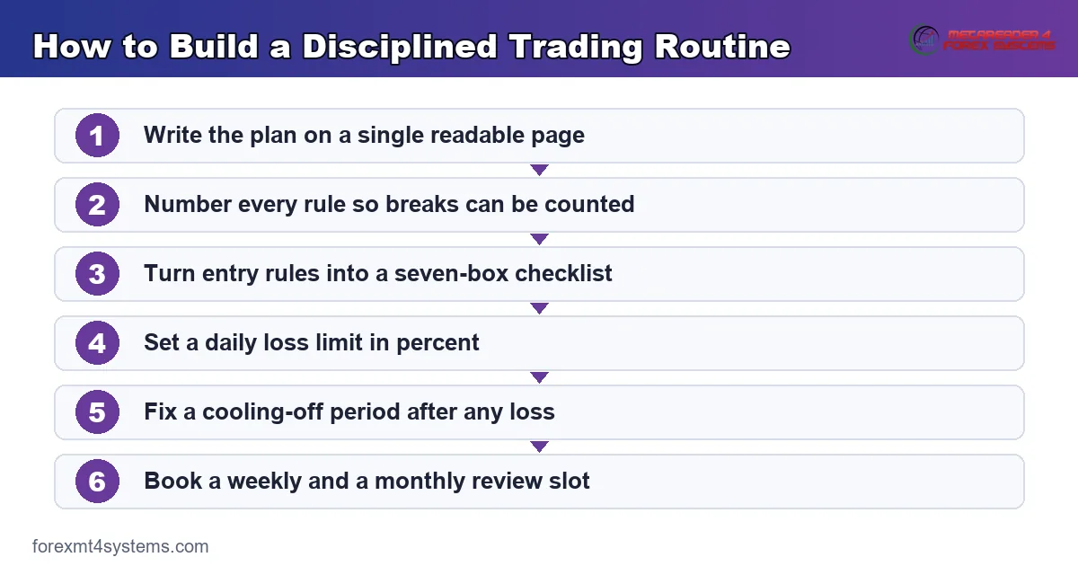 six-step flow for building a disciplined trading routine, from written rules to a booked review