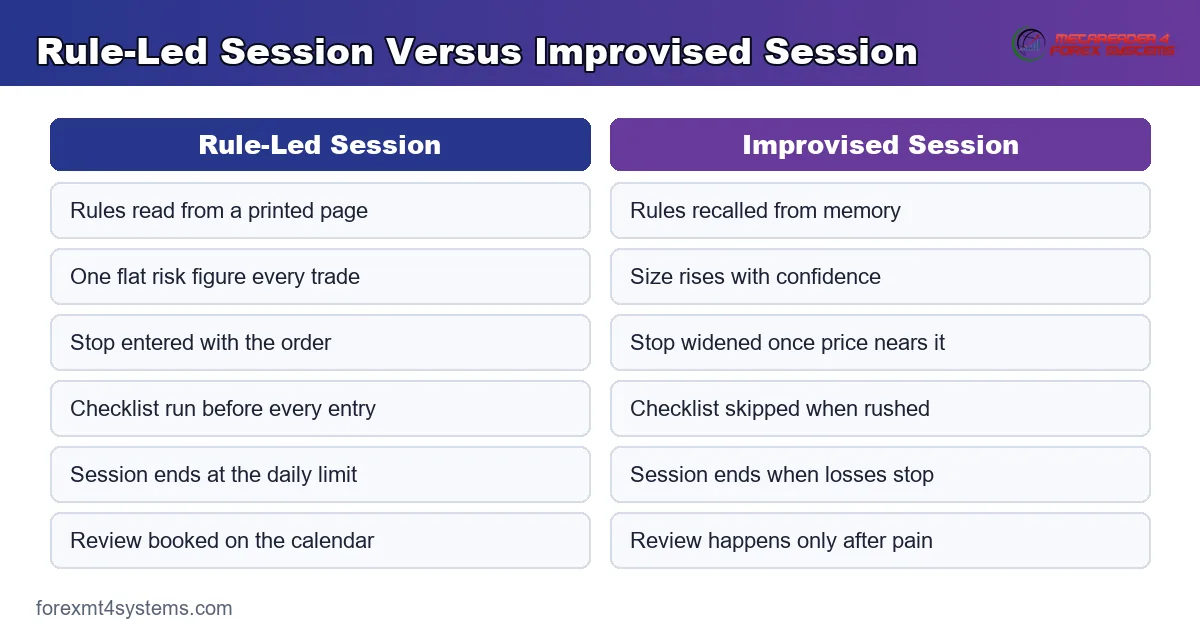 comparison panel setting a rule-led session beside an improvised session across six behaviours