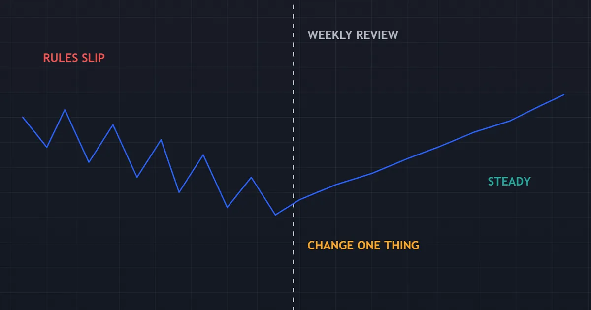 equity curve chopping while rules slip, then flattening out once the weekly review restores them