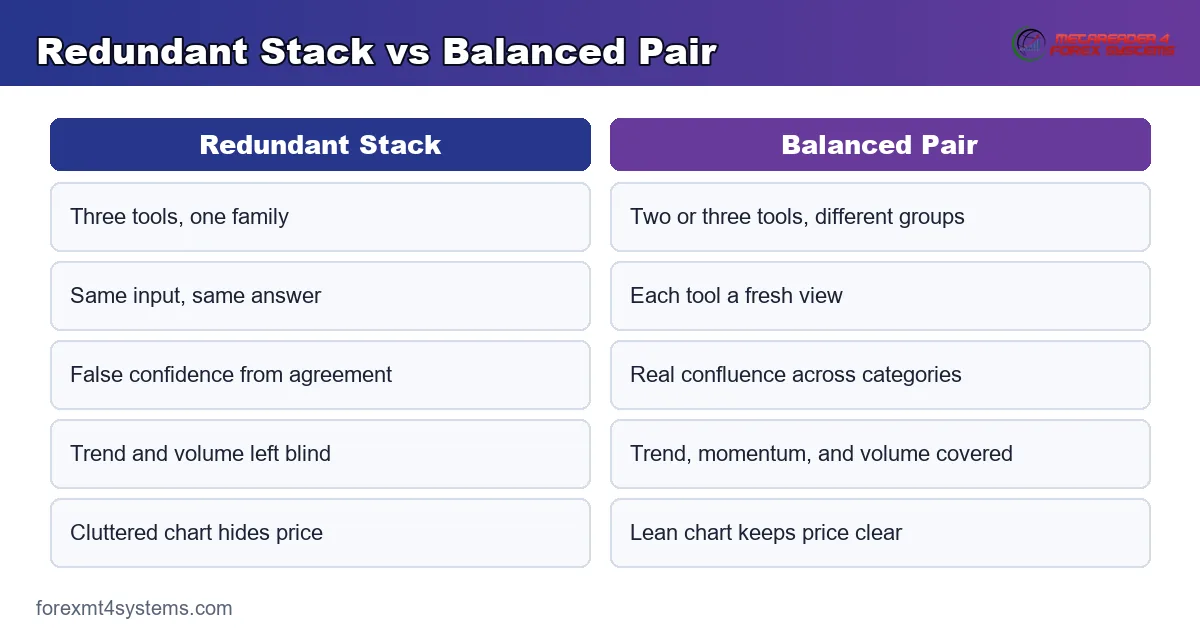 Redundant indicator stack beside a balanced pair of one trend tool and one momentum tool