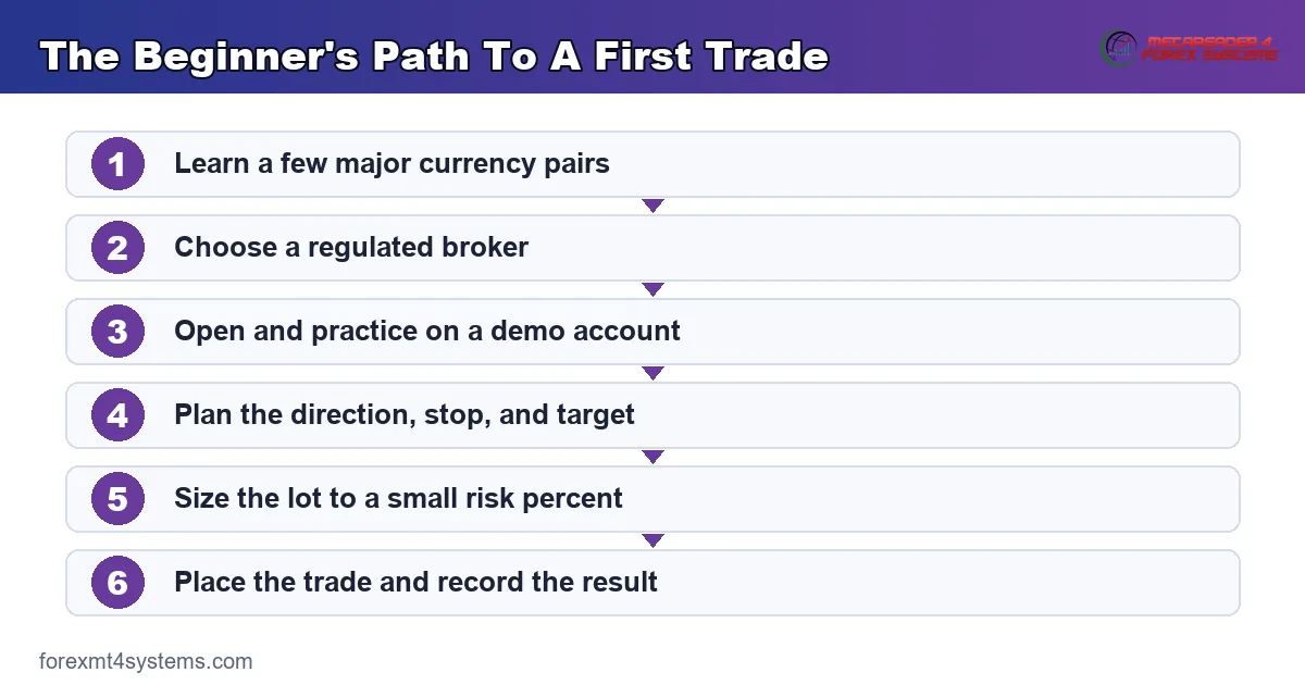 the beginner's path to a first trade - learn pairs, pick a broker, demo, plan, size, and place