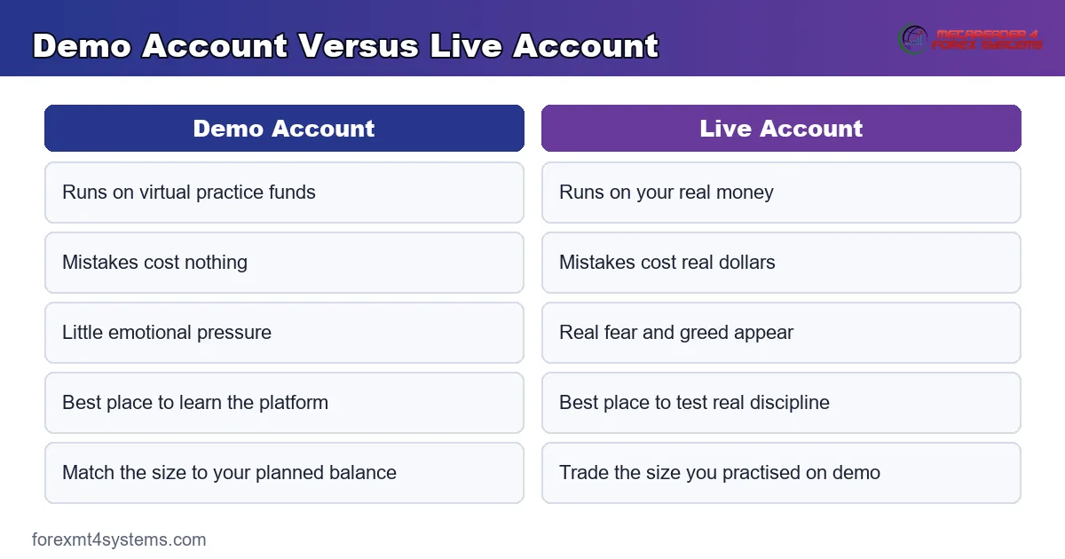 demo account versus live account for a beginner - virtual funds against real money and real emotion