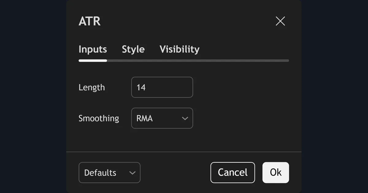 TradingView ATR indicator settings dialog showing Length 14 and the smoothing method