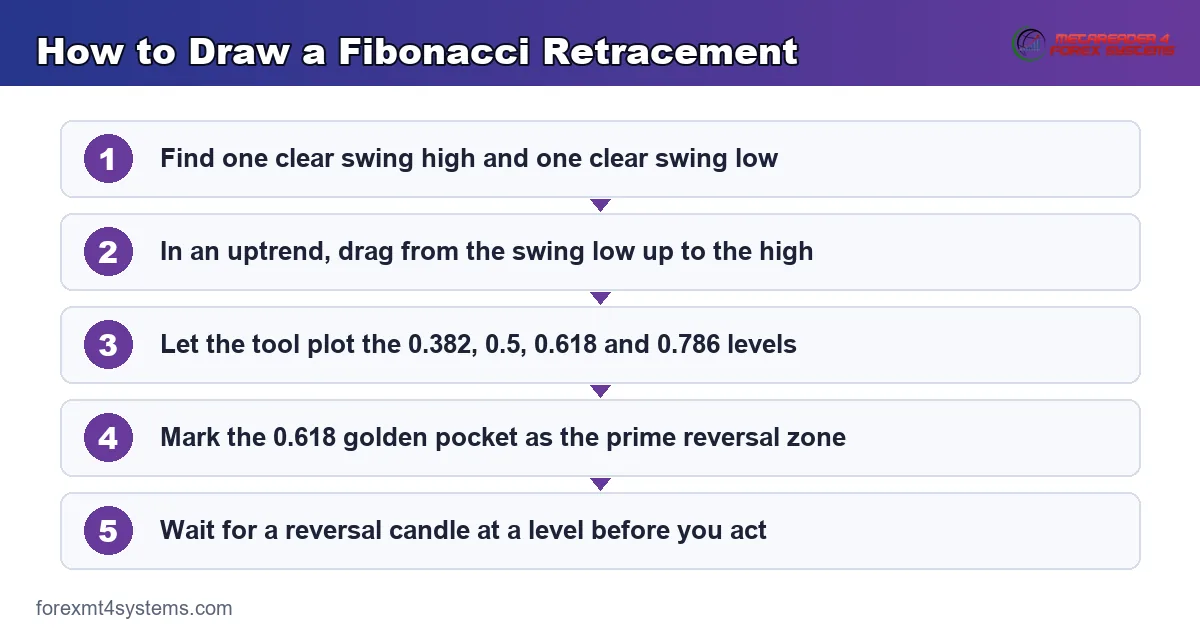 fibonacci retracement levels - the golden pocket at 0.618 marked as the prime reversal zone
