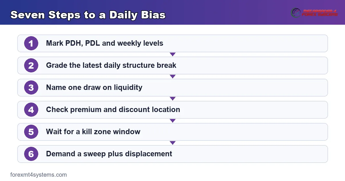 Daily bias pre-session card covering levels, structure, draw on liquidity and confirmation