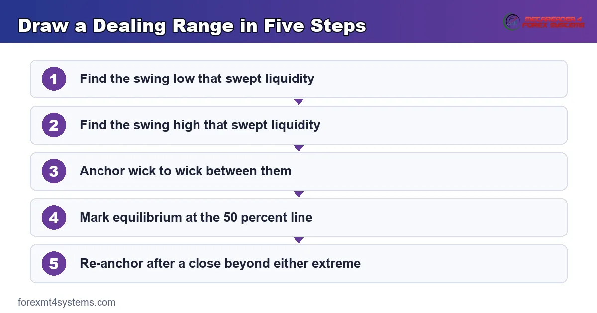 Dealing range anatomy card showing range high, equilibrium, premium half, discount half and deep discount